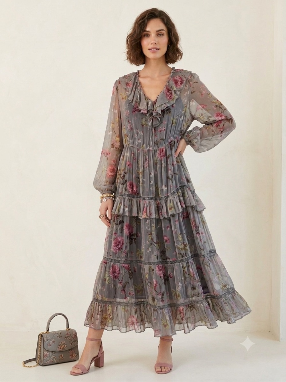 Floral Ruffle Tiered Maxi Dress in Gray
